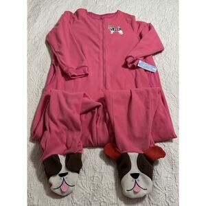 Nick & Nora One Piece Footed Pajama Sleepwear Women Sz L Fleece Pink Dog Zip NEW